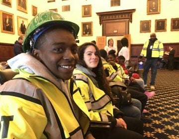 Taryn Canty-Reed, 20, (front), says young people in her generation have experienced abandonment and have also abandoned themselves. Now it’s time for them to chase opportunities, said the YouthBuild Philadelphia Charter School student attending a press conference in City Hall Tuesday, Jan. 9, 2018. (Jane M. Von Bergen/The Notebook)