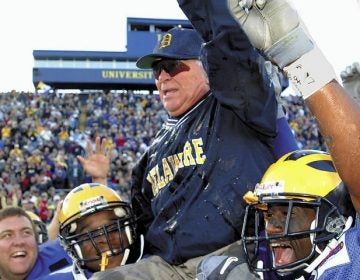 Delaware coach Tubby Raymond is hoisted onto the shoulders of his players in November 2001 after becoming the ninth college football coach to reach 300 wins. Raymond, who died Dec. 8 at age 92., was celebrated during a memorial Friday at UD. (AP Photo)