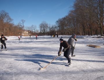 Ice skaters take advantage of a rare frozen pond to play some hockey  at Fenimore Woods in Radnor Township, Delaware County. (Shai Ben-Yaacov/WHYY)
