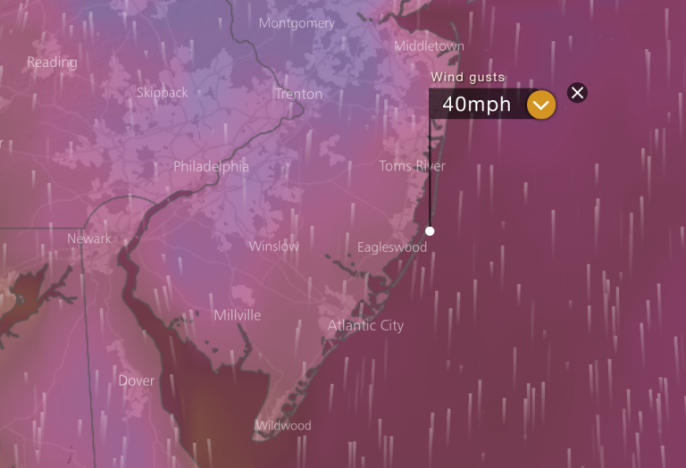 A wind model simulation of wind guests around 40 mph late Friday morning from Windy.com. 