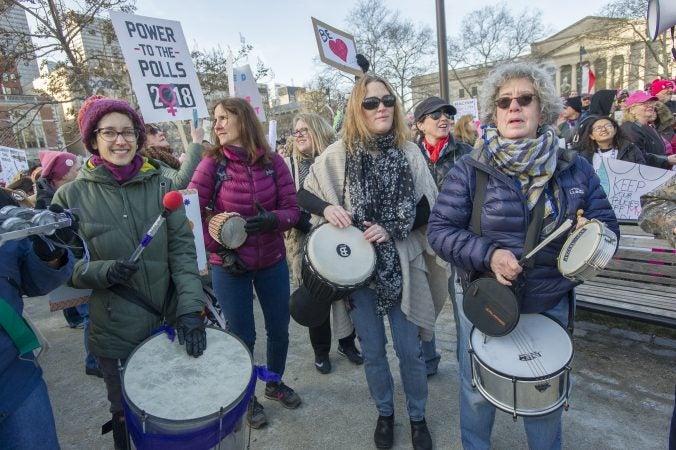 Member of the Drum Like a Lady group entertain marchers at Logan Circle. (Jonathan Wilson for WHYY)