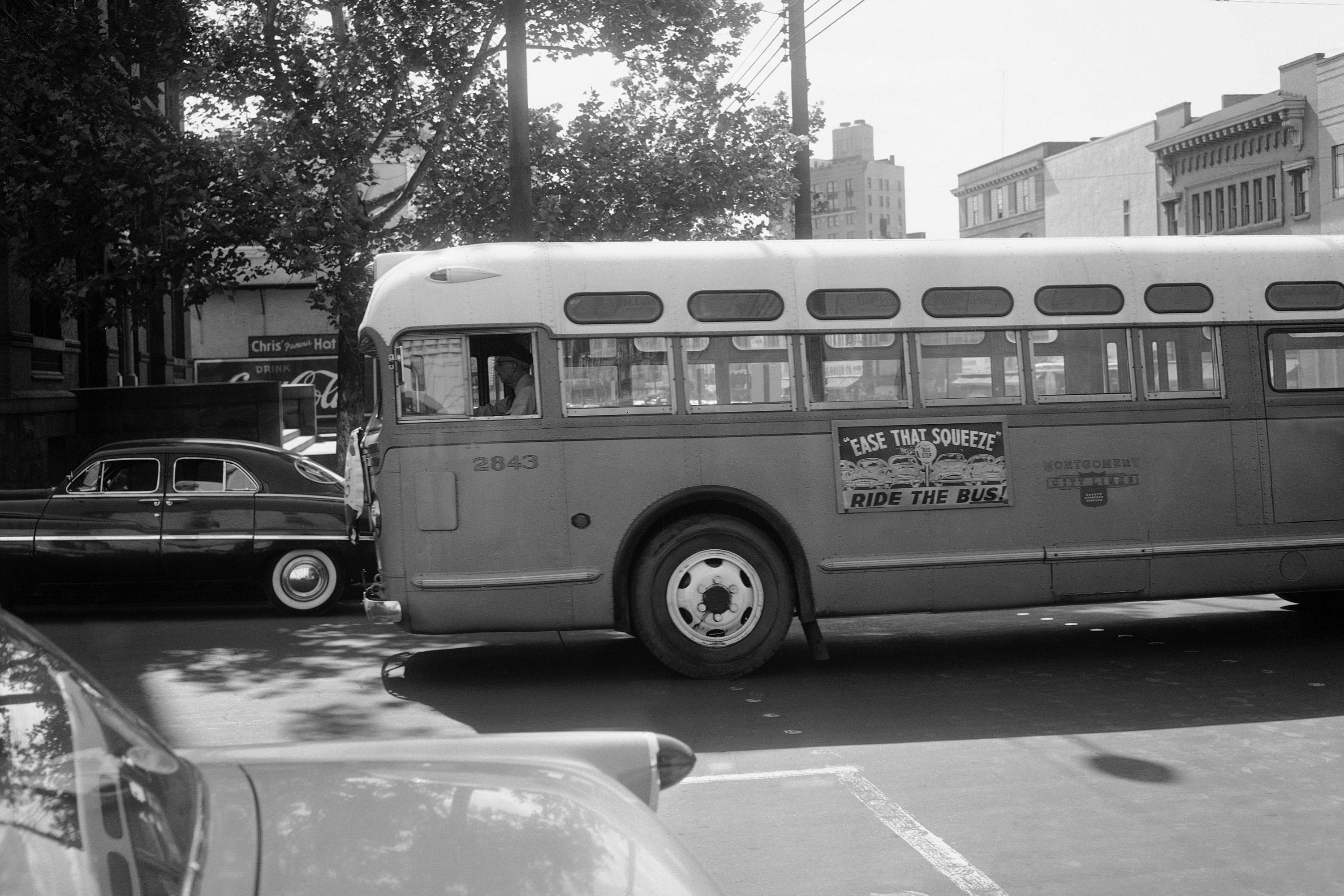 A bus driver is all alone as his empty bus moves through downtown Montgomery, Ala., in April 1956 during the boycott. Georgia Gilmore's cooking helped fund an alternative system of transportation that arose for the city's African-Americans during the boycott