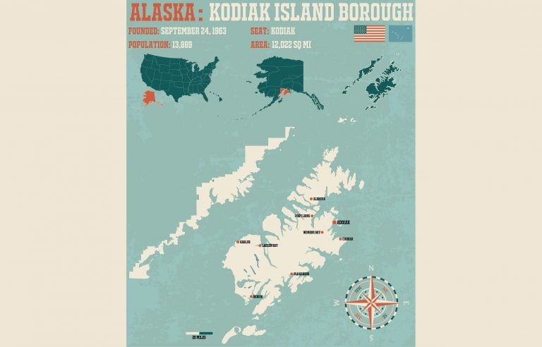 Large and detailed infographic of the Kodiac Island Borough in Alaska