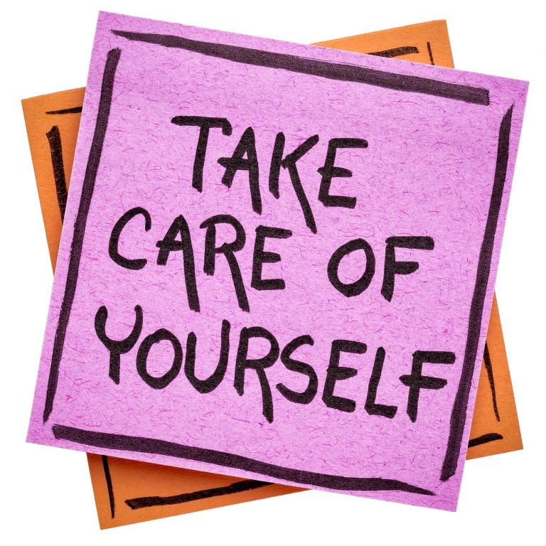 Self-care reminder written on an isolated sticky note. (Photo Courtesy BigStock)