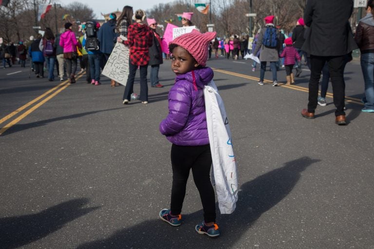 Lotte Snyder, 3, shows off her cape at the 2018 Women's March on Philadelphia