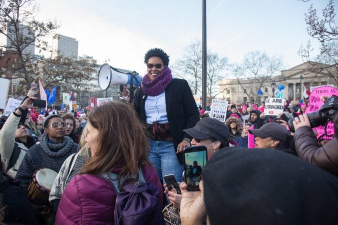 LaTreice Branson from Drum Like A Lady rallies up the crowd to begin the 2018 Womens March on Philadelphia, January 20, 2018. (Emily Cohen for WHYY)