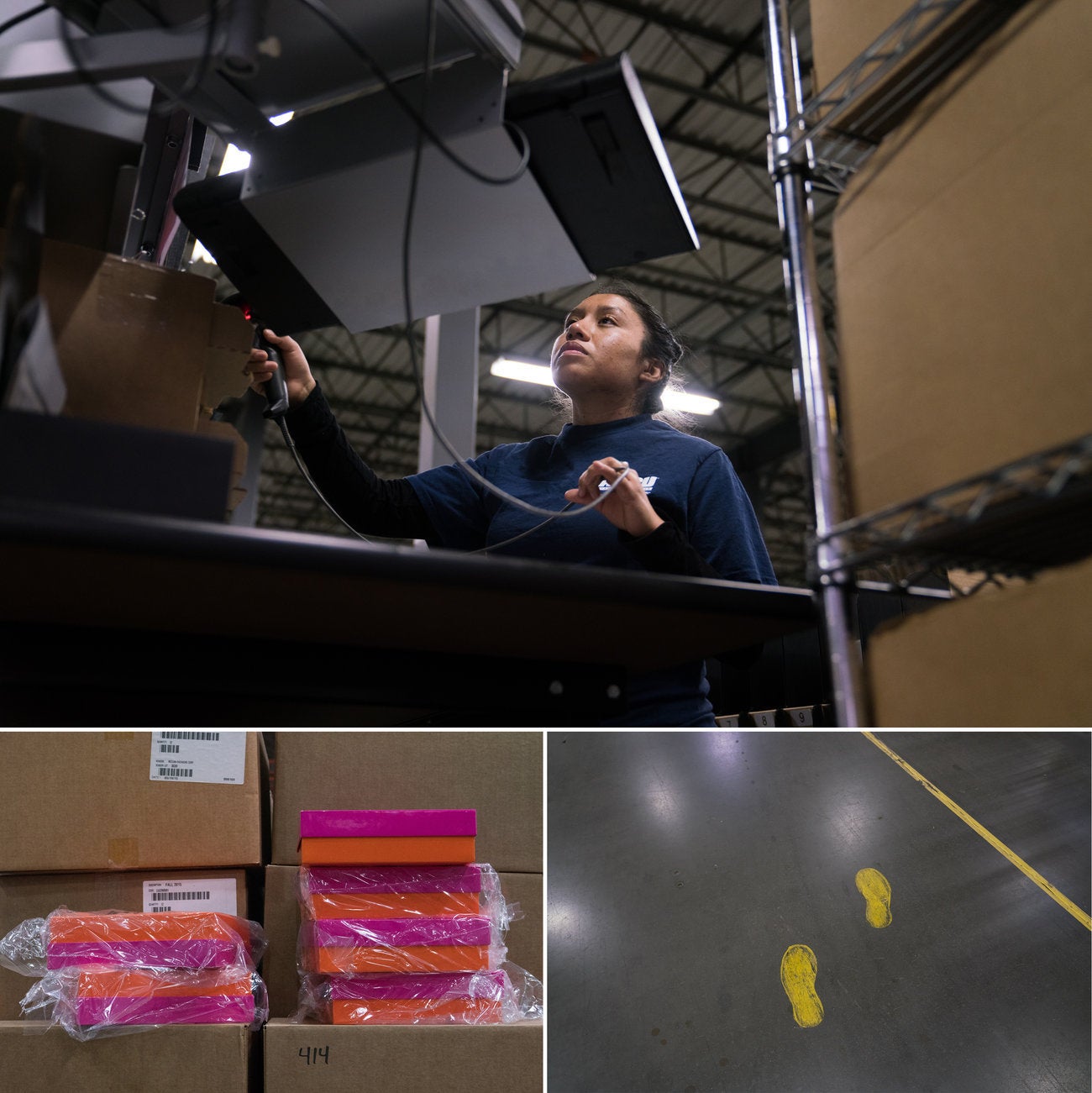 (Top) Bibiana Ramos, 29, works with precision, folding tissue paper inside a special box, placing cosmetics on top and gently affixing the shipping label. (Bottom left) Many different kinds of boxes are used throughout the warehouse, some for bulk items, and other more delicate boxes that are sent to consumers. (Bottom right) Painted footprints help direct employees safely and efficiently. 