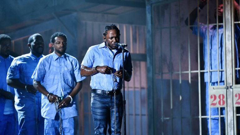Kendrick Lamar performs at the 2016 Grammy Awards. The rapper is nominated in seven categories this year.
(Kevork Djansezian/Getty Images for NARAS)