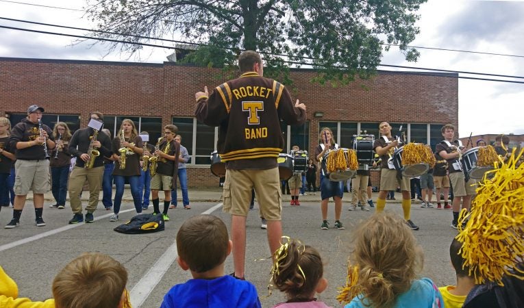 The Titusville High School marching band plays during a parade outside the school (Kevin McCorry/Keystone Crossroads)