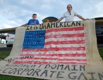 Roy Christman (left) and William Kellner protested plans to build the PennEast natural gas pipeline at a FERC ‘listening session’ near Jim Thorpe, Pa. in 2016. FERC has now approved the project. (Jon Hurdle/StateImpact Pa.)