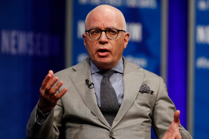 Michael Wolff of The Hollywood Reporter speaks at the Newseum in Washington, Wednesday, April 12, 2017, as he moderates a conversation with Counselor to President Donald Trump Kellyanne Conway during 