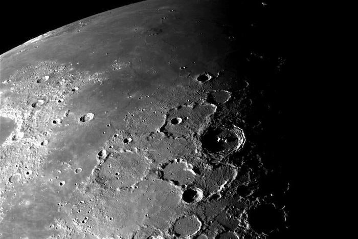 This view of the north polar region of the Moon was obtained by NASA's Galileo's camera during the spacecraft's flyby of the Earth-Moon system on December 7 and 8, 1992.