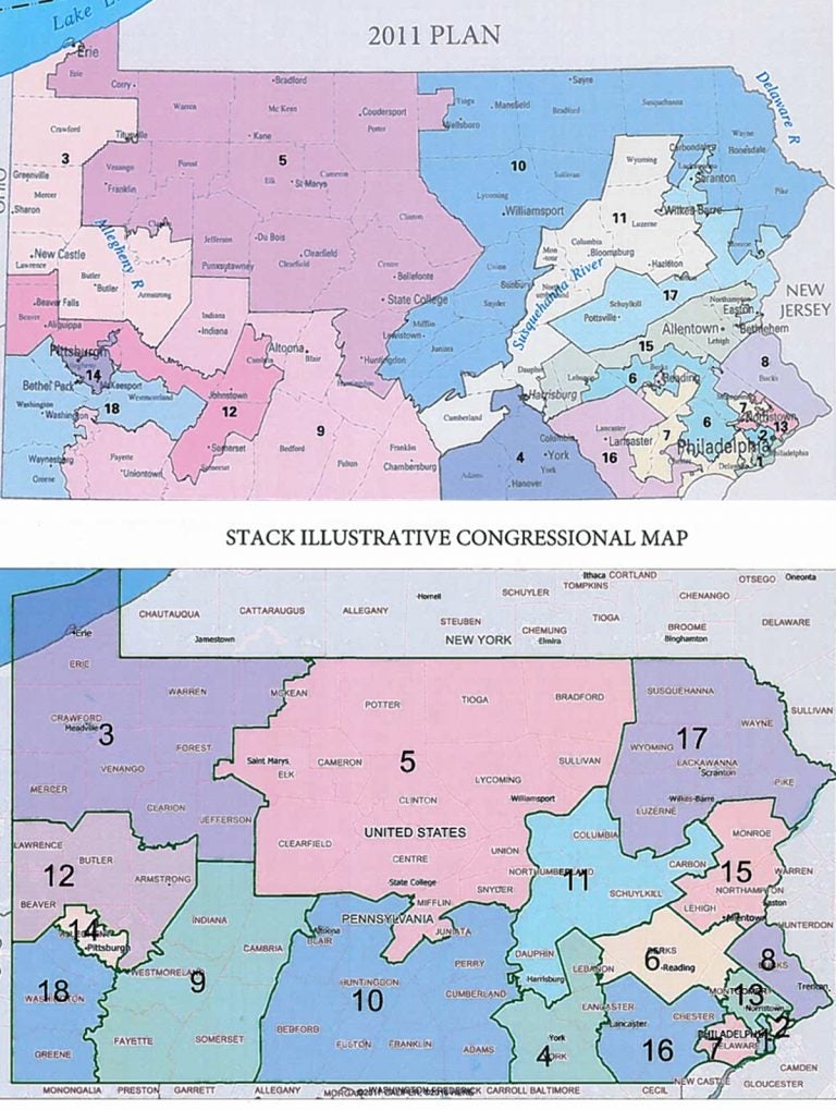 Lieutenant Governor Mike Stack wants the state Supreme Court to replace Pennsylvania's Congressional map (top) with one created by an expert witness (bottom) for plaintiffs in a lawsuit claiming the current map is an unconstitutional partisan gerrymander. (Graphic designed by Lindsay Lazarski/Keystone Crossroads. Images from the Office of Lt. Gov. Mike Stack)