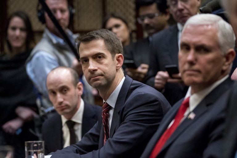 Stephen Miller,Tom Cotton,Mike Pence White House Senior Adviser Stephen Miller, Sen. Tom Cotton, R-Ark., and Vice President Mike Pence attend a meeting with President Donald Trump on immigration.