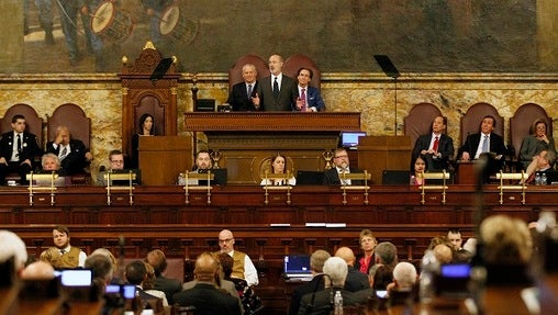 Gov. Tom Wolf gives his budget address at the state Capitol in Harrisburg, Pa., on Tuesday, Feb. 6, 2018. (Chris Knight/AP Photo)