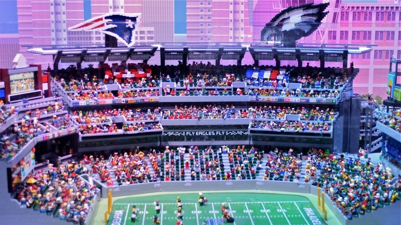 All seats of this miniature Lincoln Financial Field are packed for the Patriots and Eagles Super Bowl game, at the Lego Discovery Center, in Plymouth Meeting. (Bastiaan Slabbers for WHYY)
