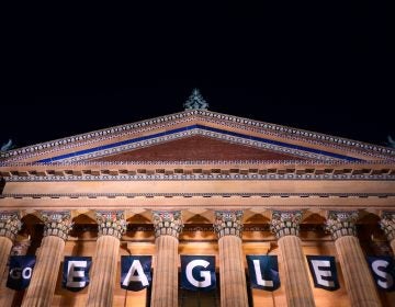 Banners at the Philadelphia Museum of Art read GO EAGLES, on Wednesday. (Bastiaan Slabbers for WHYY)