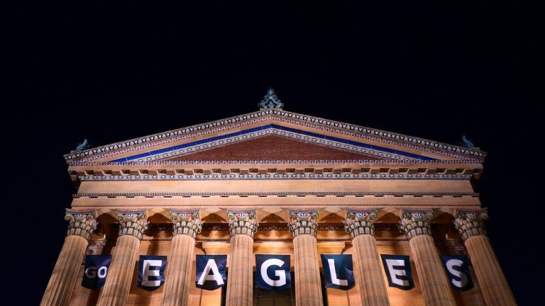 Banners at the Philadelphia Museum of Art read GO EAGLES, on Wednesday. (Bastiaan Slabbers for WHYY)