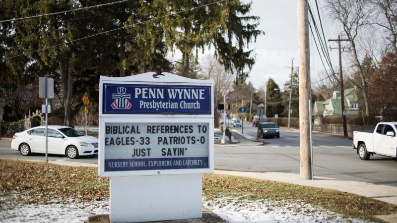 Penn Wynne Presbyterian Church in Wynnewood is known to locals for signs that blend scripture with current events, local sports rivalries included. (Emily Cohen for WHYY)