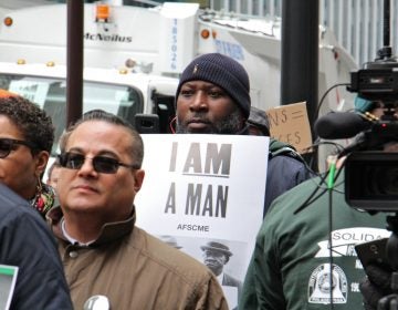 Members of AFSCME District Council 33, Philadelphia, gather outside City Hall for a moment of silence to remember Echol Cole and Robert Walker, two sanitation workers whose deaths 50 years ago sparked a national movement for workers' rights.