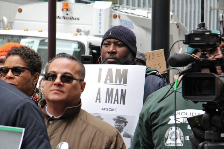 Members of AFSCME District Council 33, Philadelphia, gather outside City Hall for a moment of silence to remember Echol Cole and Robert Walker, two sanitation workers whose deaths 50 years ago sparked a national movement for workers' rights.