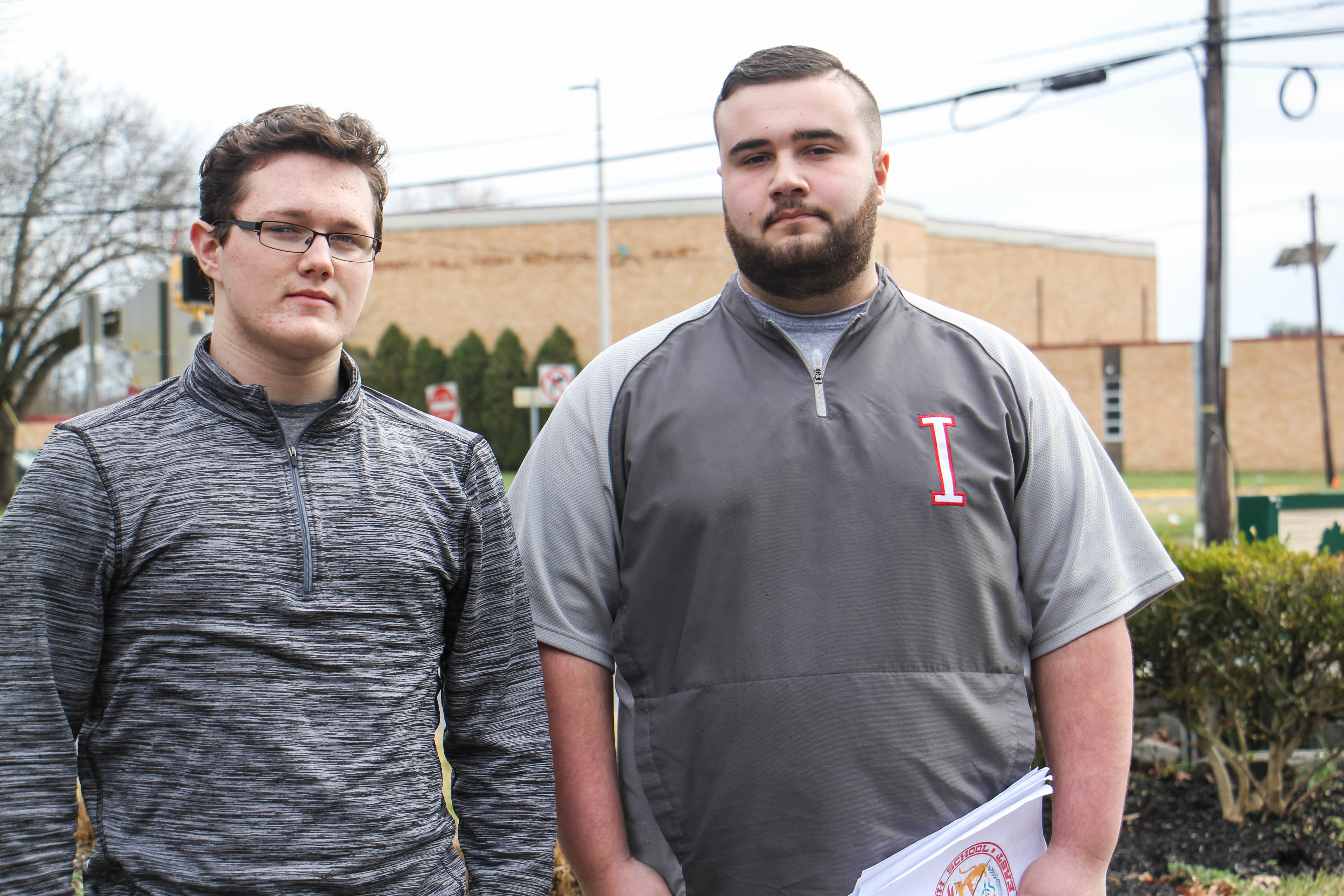 Cherry Hill East seniors Gabriel Ritter (left) and Justin Prechodko collected more than 500 signatures on a petition asking that teacher Timothy Locke be reinstated. 
