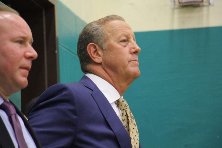 Cherry Hill Mayor Chuck Cahn joins the more than 200 in attendance at the Cherry Hill school board meeting Tuesday night, where a long list of speakers sounded off about school security and administrative gaffes at Cherry Hill East High School. (Emma Lee/WHYY)