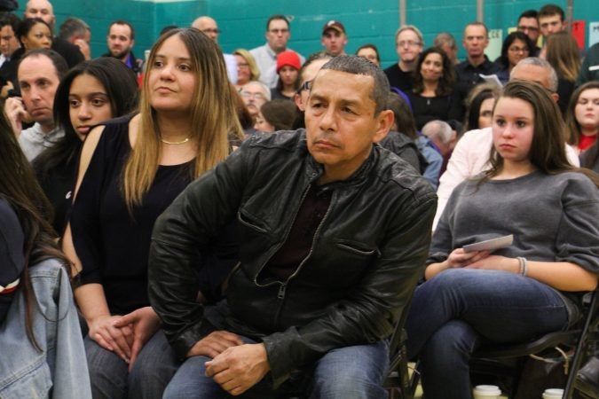 More than 200 concerned parents and students crowd a Cherry Hill school board meeting to talk security in the wake of the Parkland, Florida, shooting. (Emma Lee/WHYY)