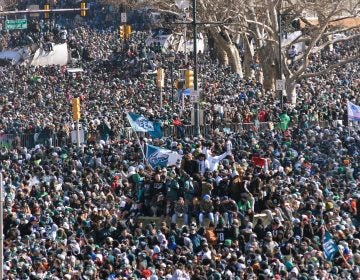 Hundreds of thousands fill the Parkway in Philadelphia, PA, on February 8, 2018, to celebrate the Philadelphia Eagles winning Super Bowl LII. The Eagles beat the New England Patriots by 41-33. (Bastiaan Slabbers for WHYY)