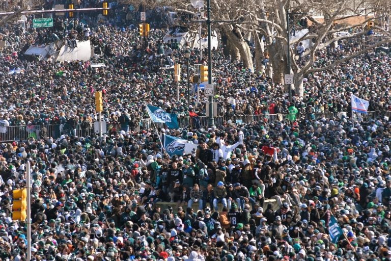 Hundreds of thousands fill the Parkway in Philadelphia, PA, on February 8, 2018, to celebrate the Philadelphia Eagles winning Super Bowl LII. The Eagles beat the New England Patriots by 41-33. (Bastiaan Slabbers for WHYY)