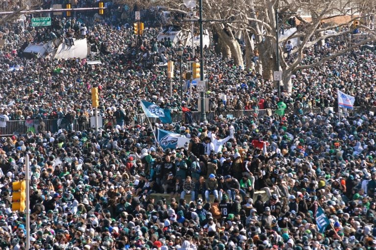 20180208_Eagles_Parade_BS1398_09 Hundreds of thousands fill the Parkway in Philadelphia, PA, on February 8, 2018, to celebrate the Philadelphia Eagles winning Super Bowl LII. The Eagles beat the New England Patriots by 41-33. (Bastiaan Slabbers for WHYY)