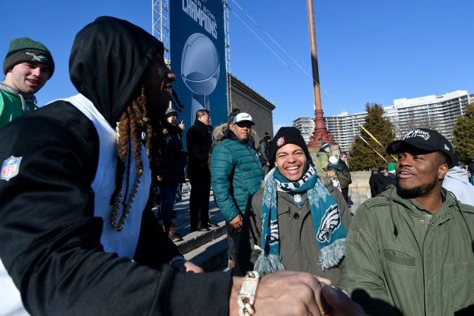 At the end of the celebrations a handful of team players remained at the Art Museum steps to greet fans and sign autographs as hundreds of thousands fill the Parkway in Philadelphia, PA, on February 8, 2018, to celebrate the Philadelphia Eagles winning Super Bowl LII. The Eagles beat the New England Patriots by 41-33. (Bastiaan Slabbers for WHYY)