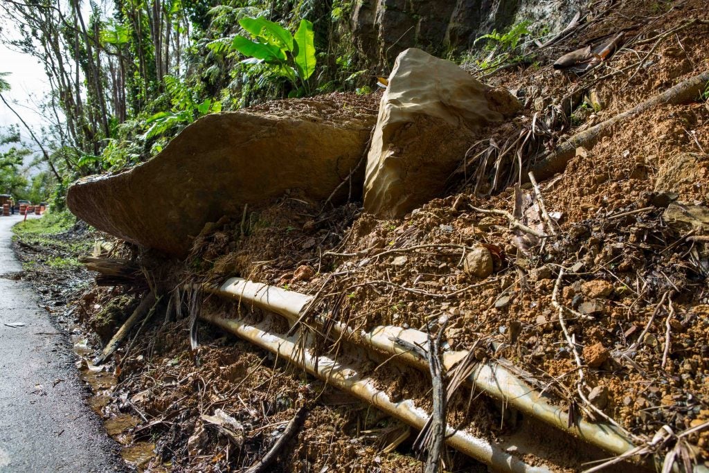 A landslide on the main access road in El Yunque National Forest.