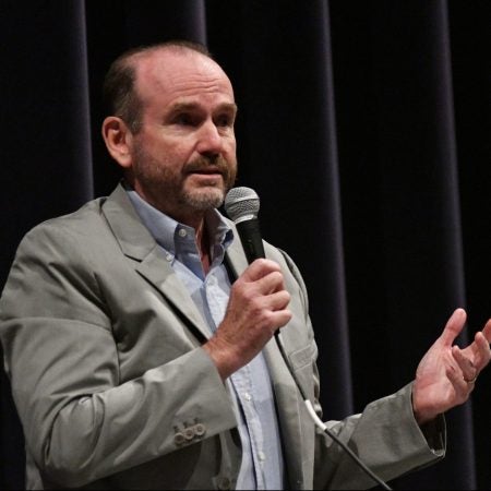 Scott Wallace, candidate for the Democratic nomination in the newly-drawn 1st Congressional District, at a candidate forum in Newtown, Pa. on Tuesday evening.