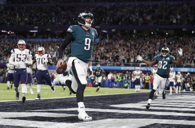 Philadelphia Eagles quarterback Nick Foles celebrates his touchdown catch during the first half of the NFL Super Bowl 52 football game against the New England Patriots Sunday, Feb. 4, 2018, in Minneapolis. (AP Photo/Jeff Roberson)