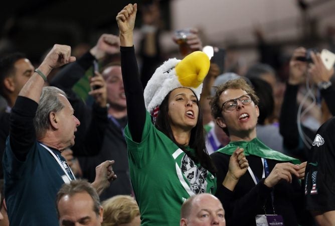 Philadelphia Eagles fans cheer during the second half of the NFL Super Bowl 52 football game against the New England Patriots, Sunday, Feb. 4, 2018, in Minneapolis. (AP Photo/Charlie Neibergall)