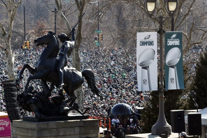 Fans gather in front of the Philadelphia Museum of Art during a Super Bowl victory parade for the Philadelphia Eagles football team, Thursday, Feb. 8, 2018, in Philadelphia. The Eagles beat the New England Patriots 41-33 in Super Bowl 52. (AP Photo/Alex Brandon)