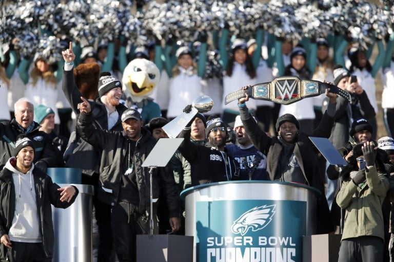 Philadelphia Eagles strong safety Malcolm Jenkins holds the Vince Lombardi trophy as running back Jay Ajayi holds a championship belt in front of the Philadelphia Museum of Art after a Super Bowl victory parade for the Philadelphia Eagles football team, Thursday, Feb. 8, 2018, in Philadelphia. The Eagles beat the New England Patriots 41-33 in Super Bowl 52. (AP Photo/Alex Brandon)