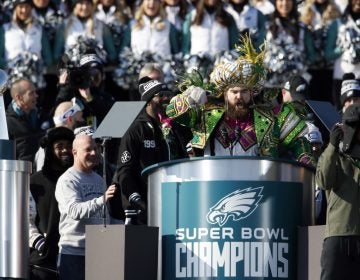 Philadelphia Eagles center Jason Kelce speaks in front of the Philadelphia Museum of Art after a Super Bowl victory parade for the Philadelphia Eagles football team, Thursday, Feb. 8, 2018, in Philadelphia. The Eagles beat the New England Patriots 41-33 in Super Bowl 52. (AP Photo/Alex Brandon)