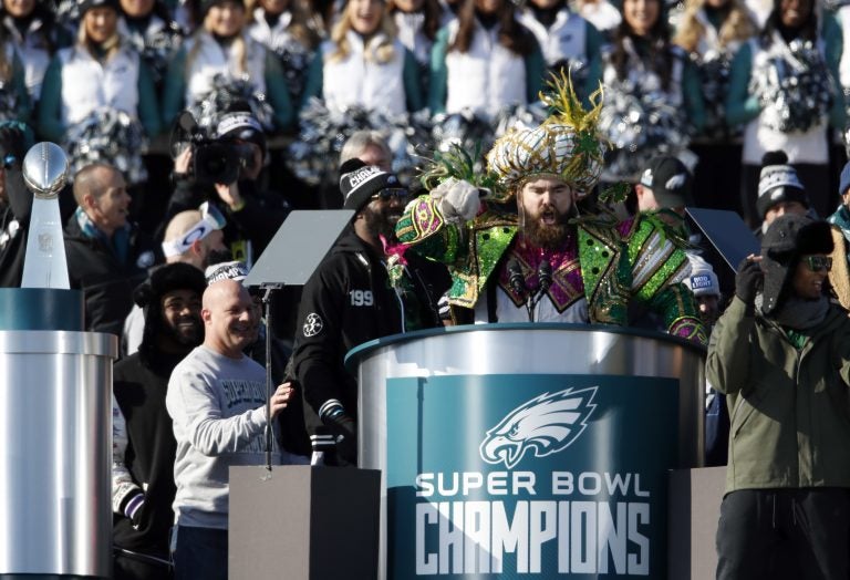 Philadelphia Eagles center Jason Kelce speaks in front of the Philadelphia Museum of Art after a Super Bowl victory parade for the Philadelphia Eagles football team, Thursday, Feb. 8, 2018, in Philadelphia. The Eagles beat the New England Patriots 41-33 in Super Bowl 52. (AP Photo/Alex Brandon)