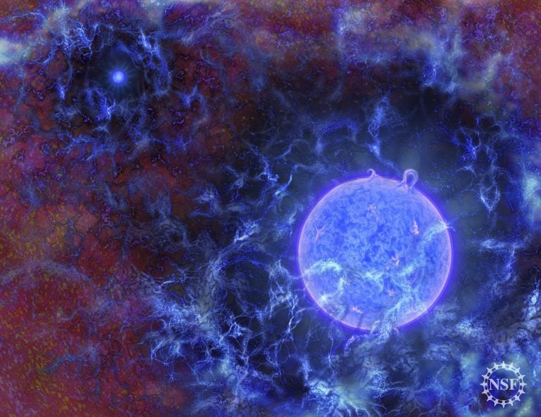 This image provided by the National Science Foundation shows a rendering of how the first stars in the universe might have looked. Scientists have detected a signal from 180 million years after the Big Bang when the earliest stars began glowing. The findings were published on Wednesday, Feb. 28, 2018 in the journal Nature. (N.R.Fuller/National Science Foundation via AP)