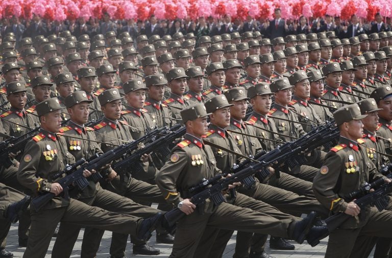 Soldiers march across Kim Il Sung Square during a military parade on Saturday, April 15, 2017, in Pyongyang, North Korea to celebrate the 105th birth anniversary of Kim Il Sung, the country's late founder and grandfather of current ruler Kim Jong Un.