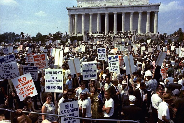 Crowds are shown in front of the Lincoln Memorial during the March on Washington for Jobs and Freedom, August 28, 1963.