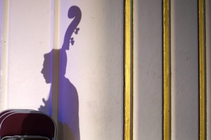 Students perform on stage as Kelce joins the jazz band of his alma mater, Cleveland Heights High School, during an exchange program visit at Central High School, in Philadelphia, Pa., on February 22, 2018. (Bastiaan Slabbers/for WHYY)