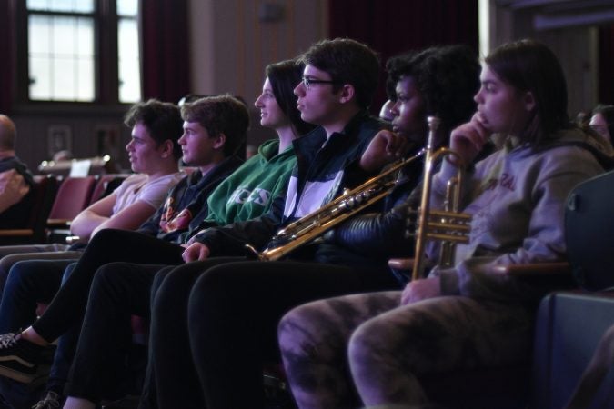 Kelce joins the jazz band of his alma mater, Cleveland Heights High School, on stage during an exchange program visit at Central High School, in Philadelphia, Pa., on February 22, 2018. (Bastiaan Slabbers/for WHYY)