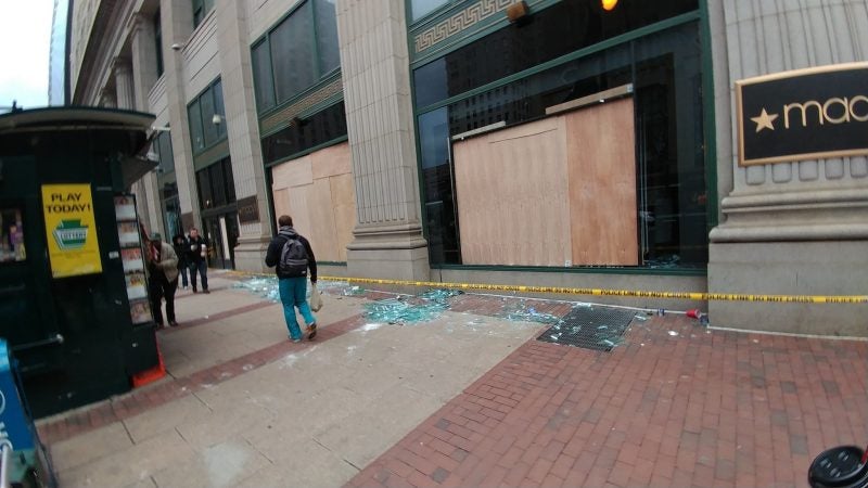 windows broken at Macy's near City Hall from lat night's Super Bowl celebrations.