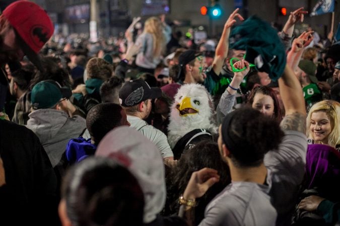 Fans in Northeast Philadelphia flooded Frankford and Cottman Avenue after the Eagles 41-33 win over the New England Patriots to become the 2018 Super Bowl Champions Sunday night. (Brad Larrison for WHYY)