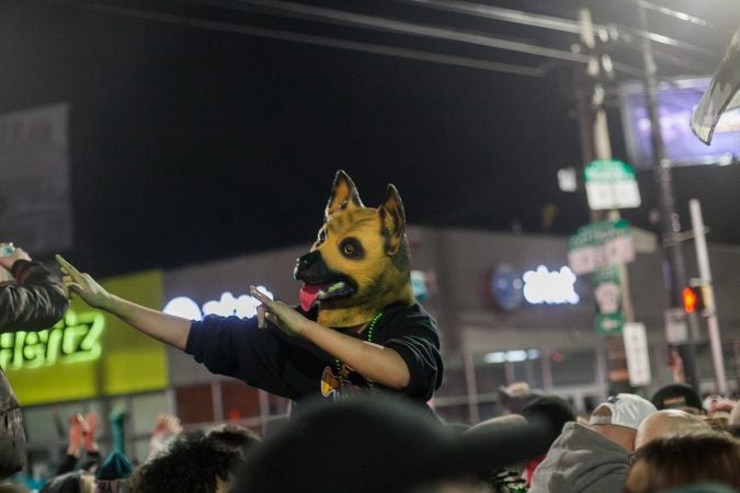 Fans in Northeast Philadelphia flooded Frankford and Cottman Avenue after the Eagles 41-33 win over the New England Patriots to become the 2018 Super Bowl Champions Sunday night. (Brad Larrison for WHYY)