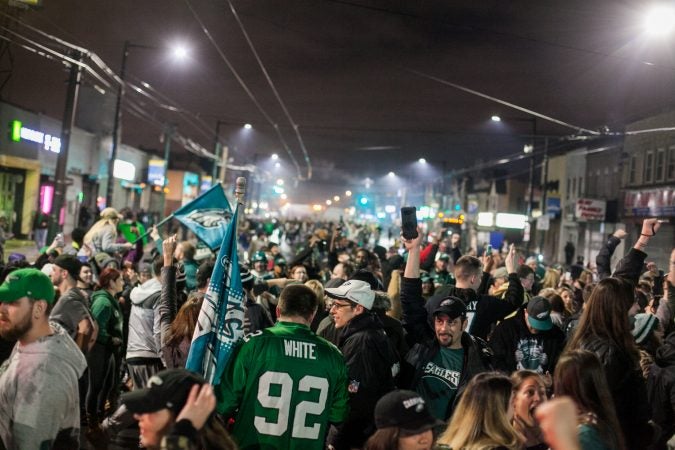 Fans in Northeast Philadelphia flooded Frankford and Cottman Avenue after the Eagles 41-33 win over the New England Patriots to become the 2018 Super Bowl Champions Sunday night. (Brad Larrison for WHYY)