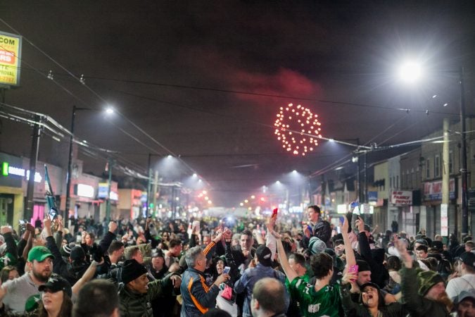 Fans in Northeast Philadelphia flooded Frankford and Cottman Avenue after the Eagles 41-33 win over the New England Patriots to become the 2018 Super Bowl Champions Sunday night. (Brad Larrison for WHYY)